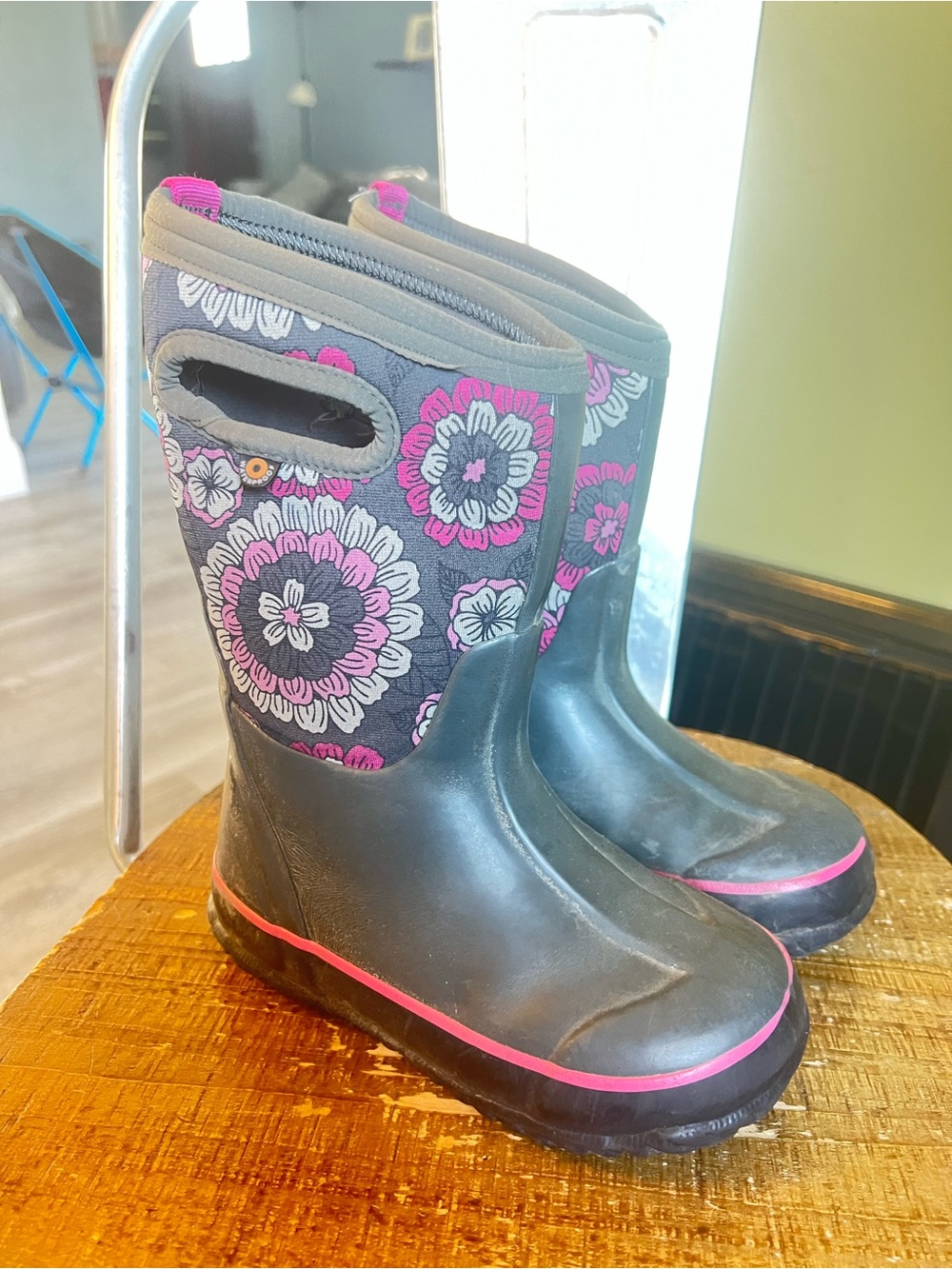 Bogs Kids Gray and Pink Floral Waterproof Rain Boots
